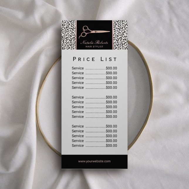 Hair Stylist Rose Gold Scissor Leopard Price List Rack Card (Creator Uploaded)