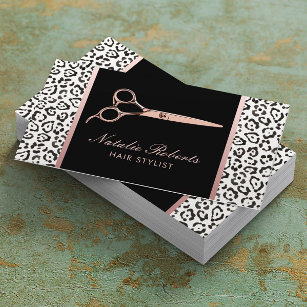 Hair Stylist Rose Gold Scissor Leopard Salon Business Card