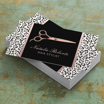 Hair Stylist Rose Gold Scissor Leopard Salon Business Card by cardfactory at Zazzle