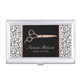 Hair Stylist Rose Gold Scissor Leopard Salon Business Card Case