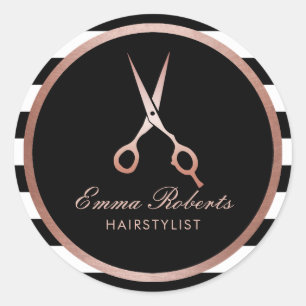 Hair Stylist Rose Gold Scissor Modern Stripes Classic Round Sticker