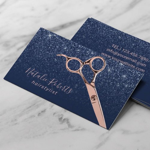 Hair Stylist Rose Gold Scissor Navy Glitter Salon Business Card