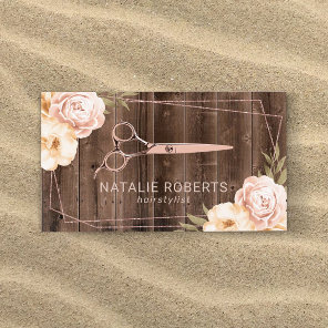 Hair Stylist Rose Gold Scissor Rustic Floral Business Card