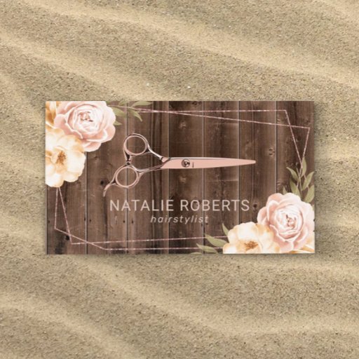 Customizable Hair Stylist Rose Gold Scissor Rustic Floral Business Card