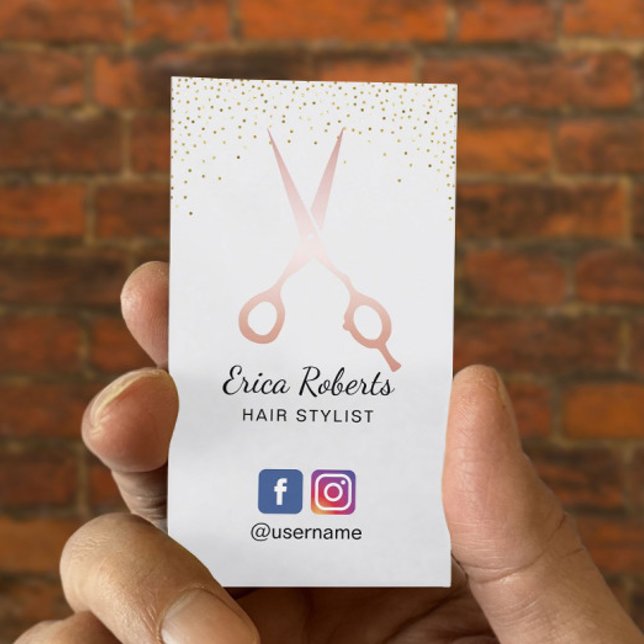 Hair Stylist Rose Gold Scissor Salon Social Media Business Card (Creator Uploaded)