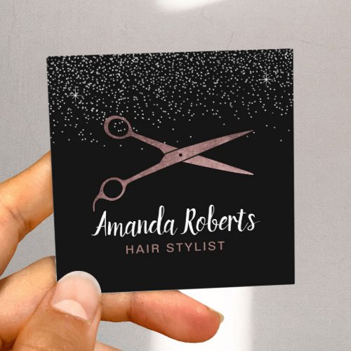 Hair Stylist Rose Gold Scissor Silver Confetti Square Business Card