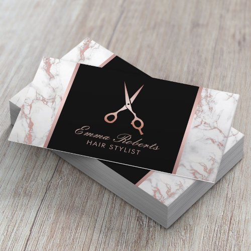 Hair Stylist Rose Gold Scissor Trendy Marble Business Card
