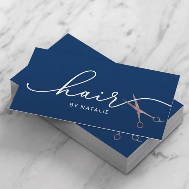 Hair Stylist Rose Gold Scissor Typography Navy Business Card (Creator Uploaded)
