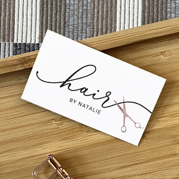 Hair Stylist Rose Gold Scissor Typography Salon Business Card by cardfactory at Zazzle