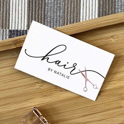 Hair Stylist Rose Gold Scissor Typography Salon Business Card