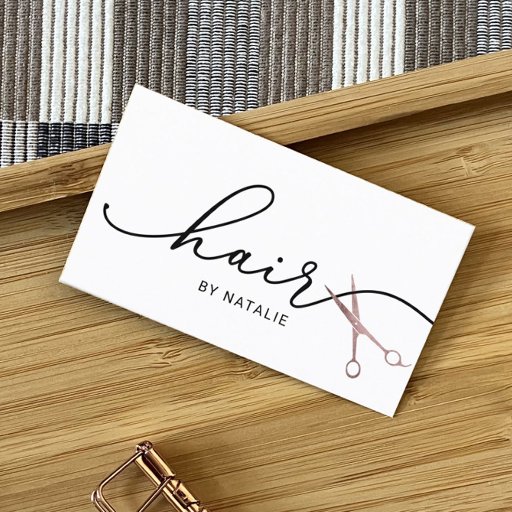 Customizable Hair Stylist Rose Gold Scissor Typography Salon Business Card