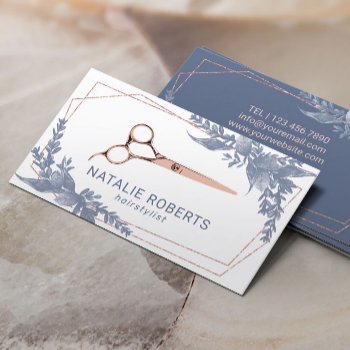 Hair Stylist Rose Gold Scissor Vintage Blue Leaves Business Card by cardfactory at Zazzle