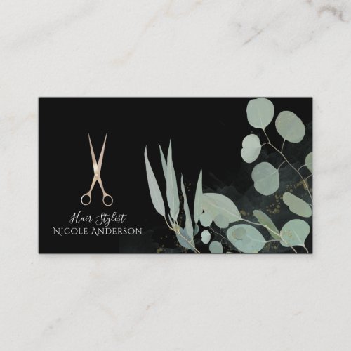 Hair Stylist Rose Gold Scissors Eucalyptus Leaves Business Card
