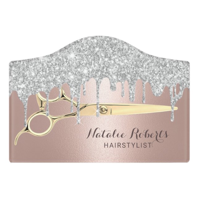 Hair Stylist Rose Gold Silver Drips Beauty Salon Door Sign (Small Crest Front)