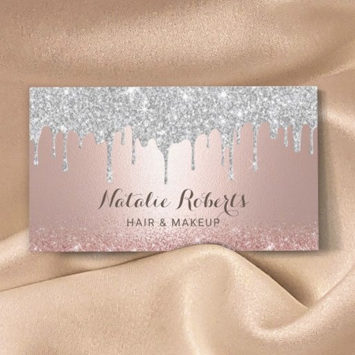 Customizable Modern Silver Drips Rose Gold Makeup Hair Salon Business Card