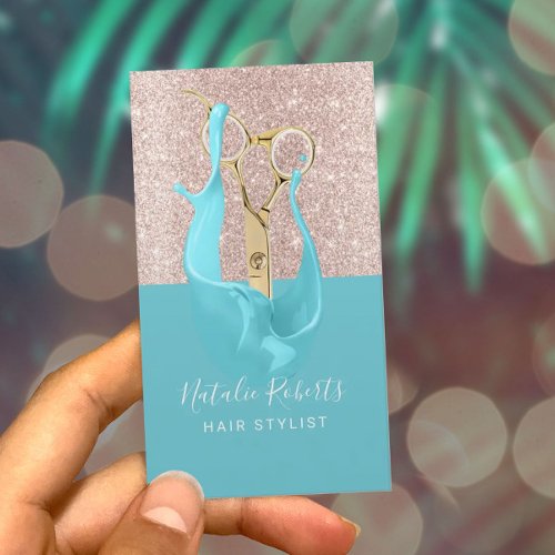 Hair Stylist Rose Gold  Turquoise Splash Scissor Business Card