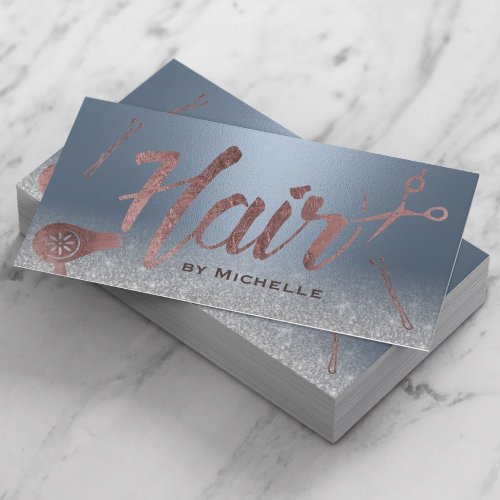 Hair Stylist Rose Gold Typography Dusty Blue Metal Business Card