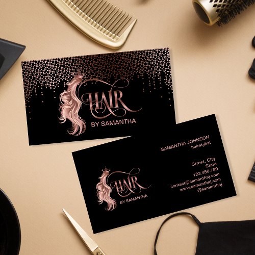 Hair stylist rose gold typography hair extension business card