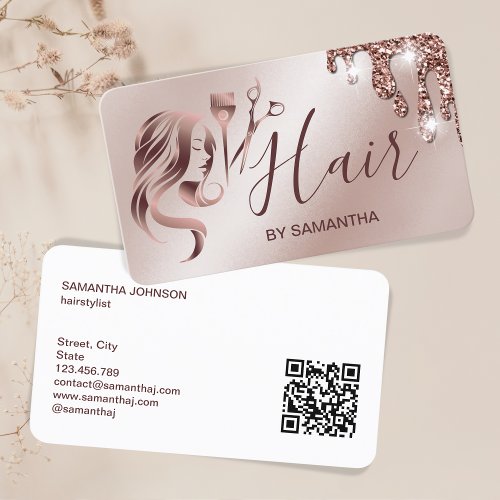 Hair stylist rose gold typography hair QR Code Business Card