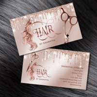 Hair stylist rose gold typography hair scissors bu business card