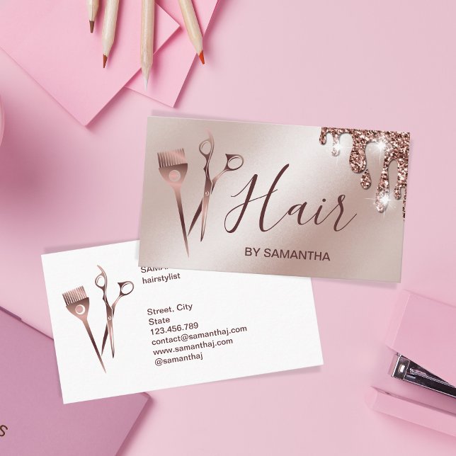 Hair stylist rose gold typography hair scissors bu business card (Creator Uploaded)