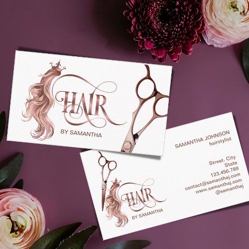 Hair stylist rose gold typography hair scissors bu business card