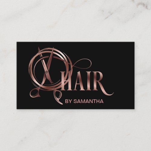 Hair stylist rose gold typography hair scissors bu business card