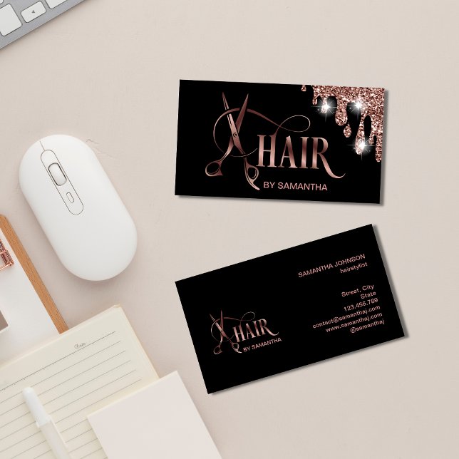 Hair stylist rose gold typography hair scissors business card (Creator Uploaded)