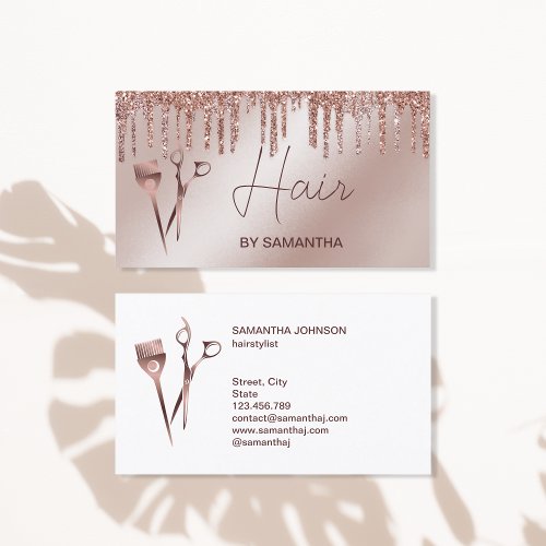 Hair stylist rose gold typography hair scissors business card