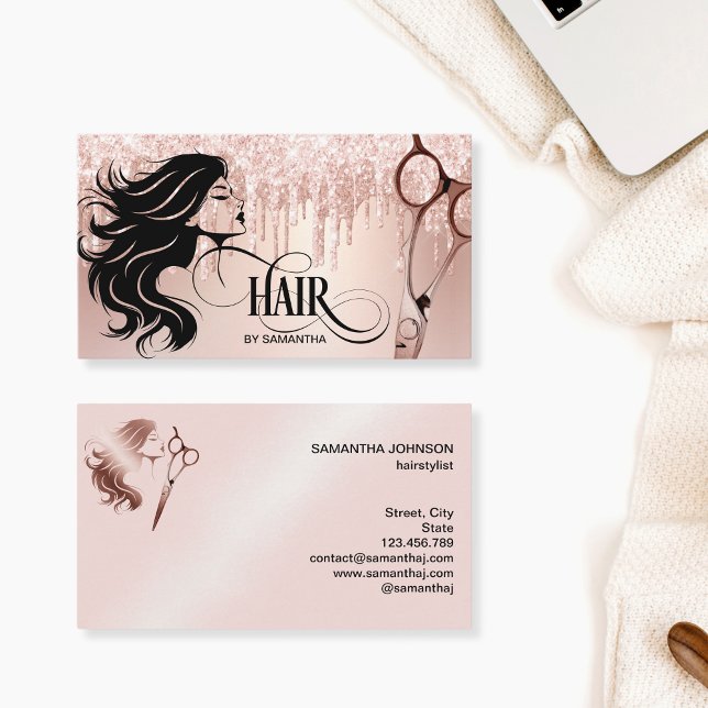 Hair stylist rose gold typography hair scissors business card (Creator Uploaded)