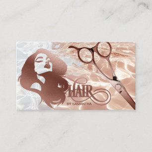 Hair stylist rose gold typography hair scissors business card