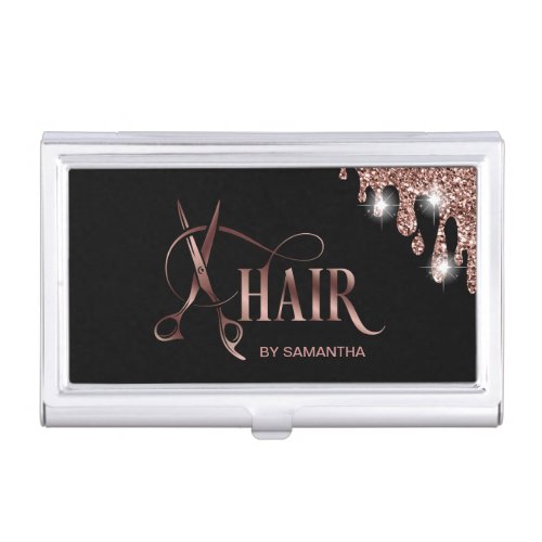 Hair stylist rose gold typography hair scissors  d business card case
