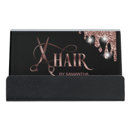 Hair stylist rose gold typography hair scissors  desk business card holder