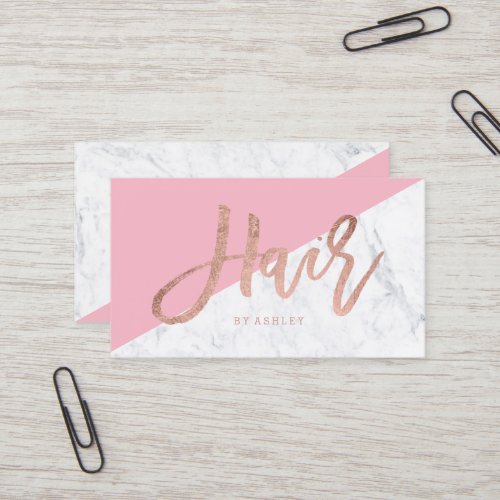 Hair stylist rose gold typography pink marble business card