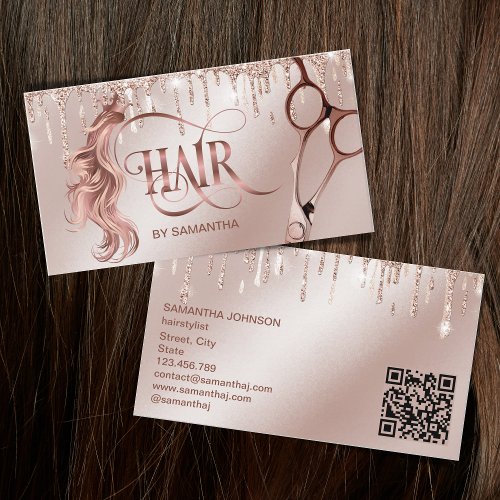 Hair stylist rose gold typography scissors QR code Business Card