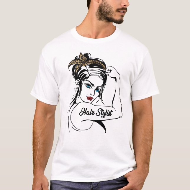 Hair Stylist Rosie The Riveter Leopard Cheetah T-Shirt (Front)