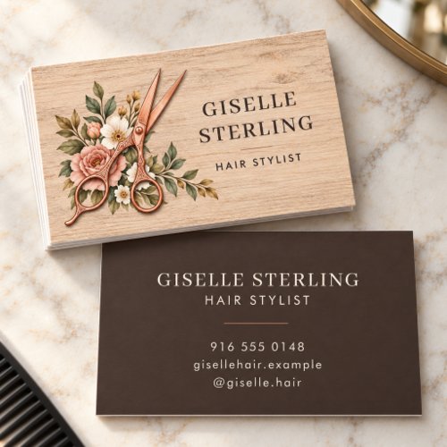 Hair Stylist Rustic Wood Floral Rose Gold Scissors Business Card