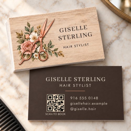 Hair Stylist Rustic Wood Floral Scissors QR Code Business Card