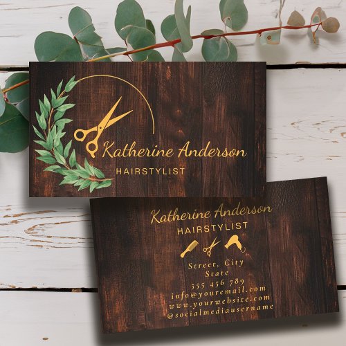 Hair Stylist Rustic Wood Greenery Gold Business Card