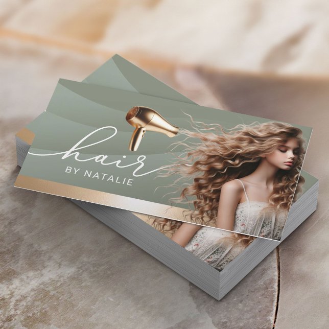 Hair Stylist Sage Green Beauty Girl Hair Salon Business Card (Creator Uploaded)