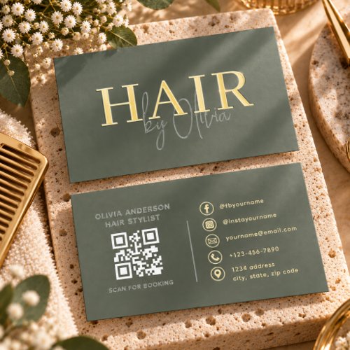 Hair Stylist Sage Green Gold QR Code Foil Spot Gloss Business Cards