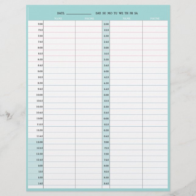 Hair stylist salon 1-day appointment book pages (Front)