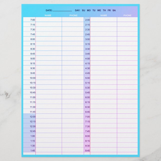 Hair stylist salon 1-day appointment book pages (Front)