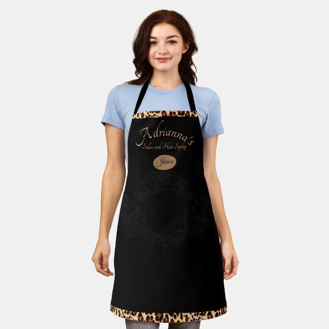 Hair Stylist Salon Animal Print Chic Text Apron (Worn)