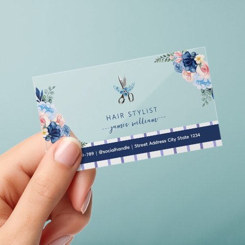 Hair Stylist Salon blue Floral Clear Business Cards