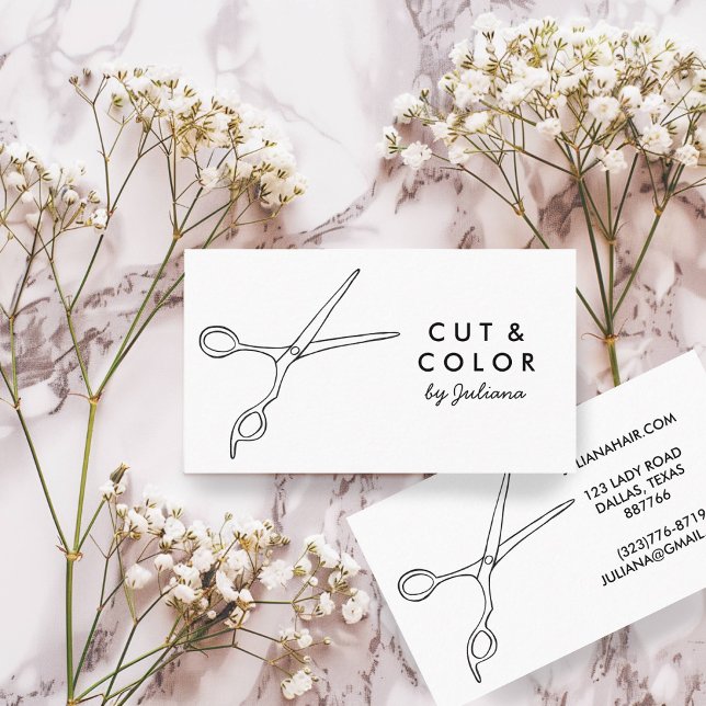 Hair Stylist Salon Chic Scissors Line Art Minimal  Business Card (Hair Stylist Salon Chic Scissors Line Art Minimal Business Card
Simple Black and White Elegant)