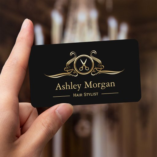Customizable Hair Stylist Salon Gold Luxury Scissors Logo Business Card