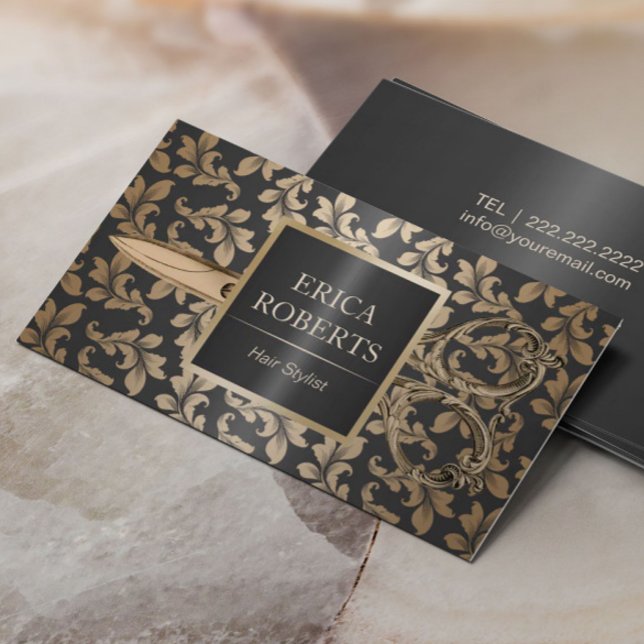 Hair Stylist Salon Luxury Black & Gold Metallic Business Card (Creator Uploaded)