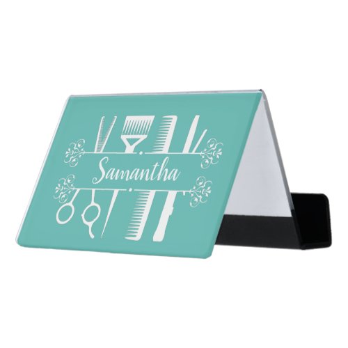 Hair Stylist Salon Personalized Scissors Desk Business Card Holder