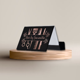 Hair Stylist Salon Personalized Scissors Rose Gold Desk Business Card Holder